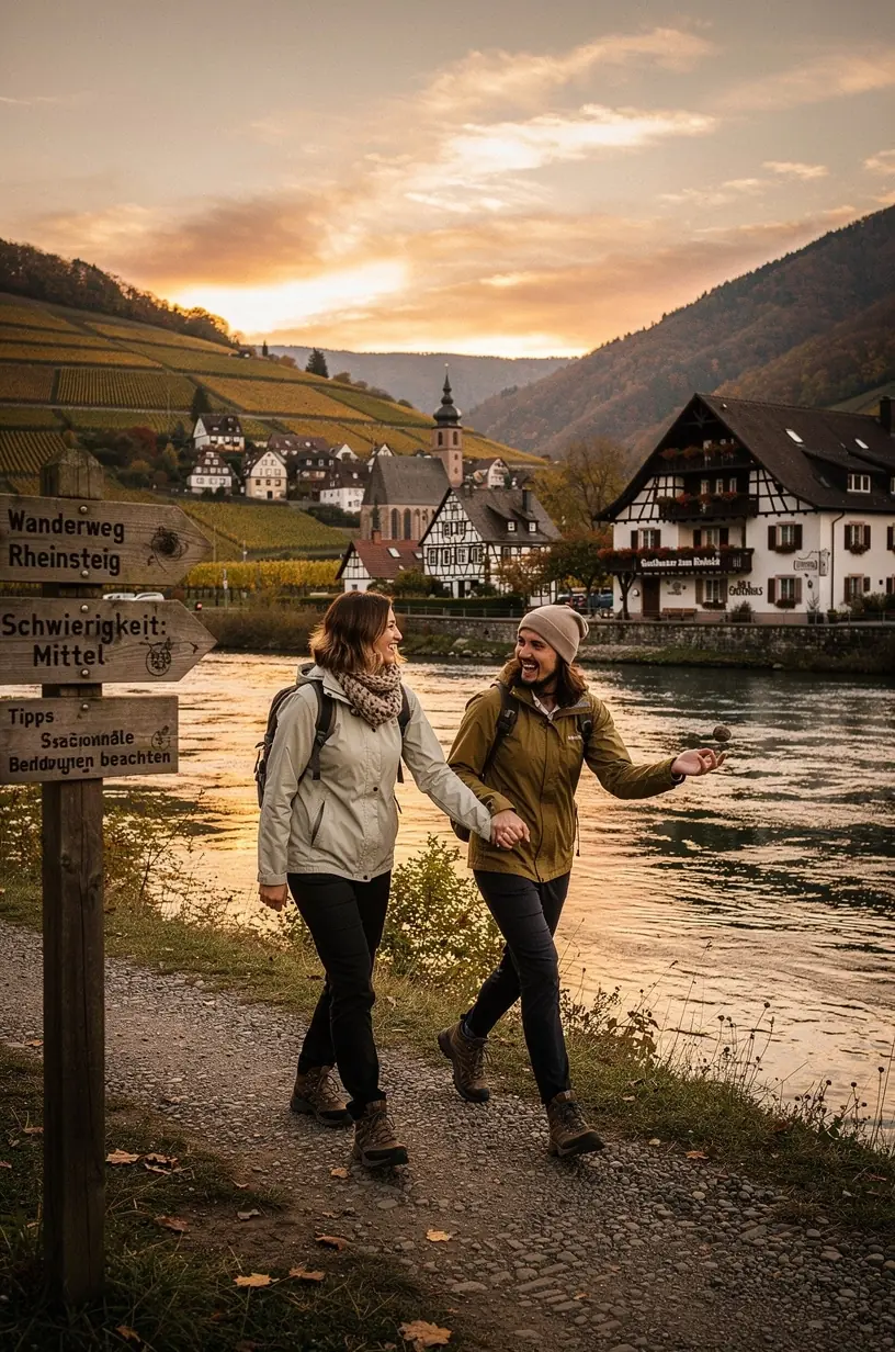 Wanderer auf einem befestigten, rollstuhlgerechten Pfad entlang eines ruhigen Sees, im Hintergrund saisonale Hinweise und wetterfeste Sitzgelegenheiten.